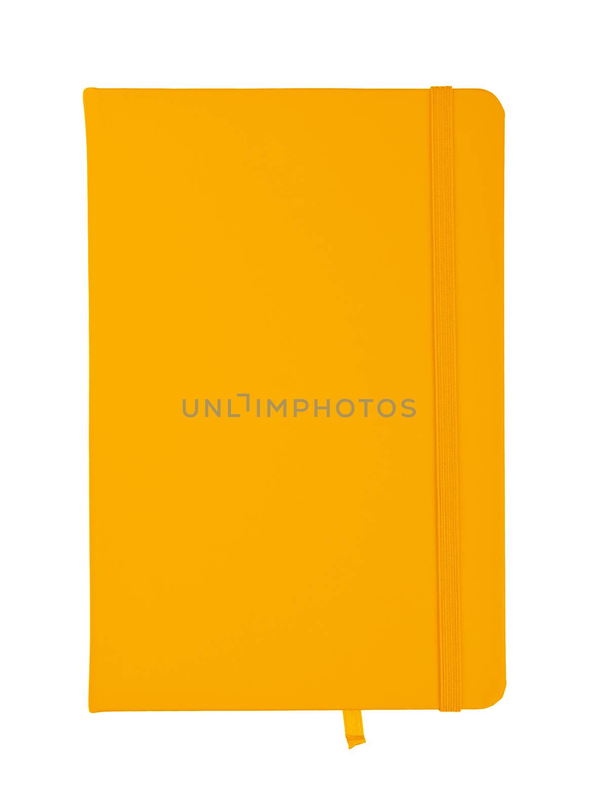 Closed yellow faux leather cover notebook isolated on white background, flat lay, directly above