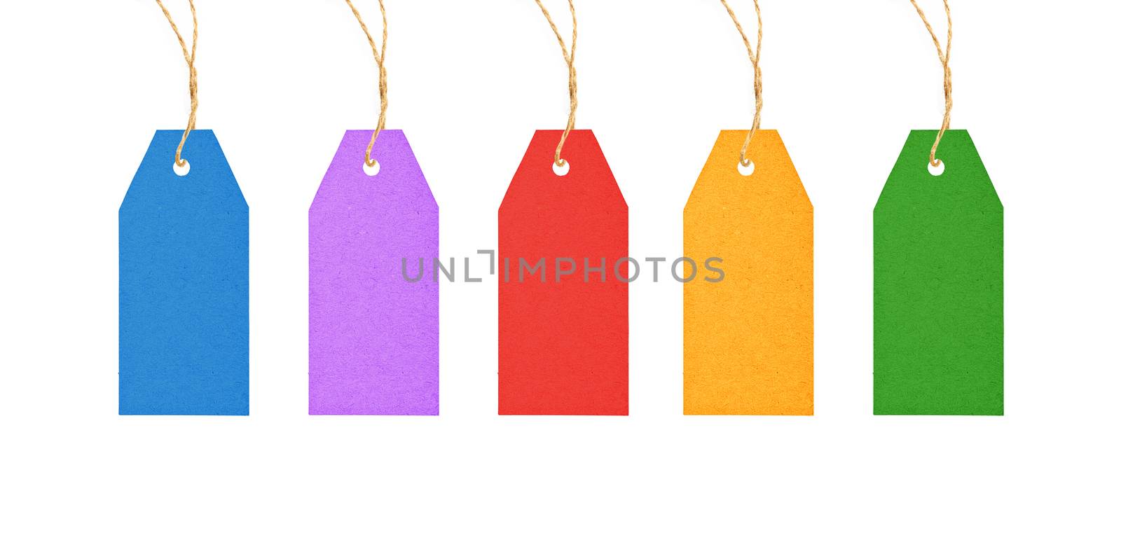 Set of colorful multicolor blank paper label tags hanging on twine strings isolated on white background