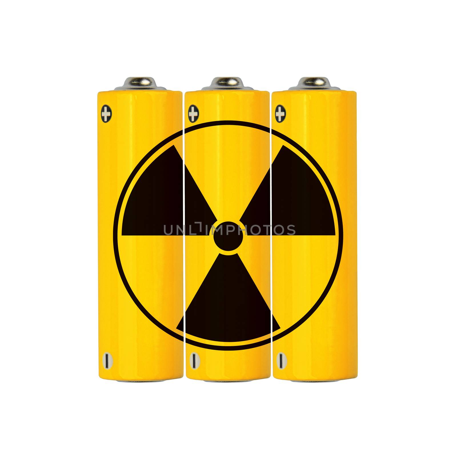 Close up group of vivid yellow alkaline AA batteries with black radioactive danger sign isolated on white background