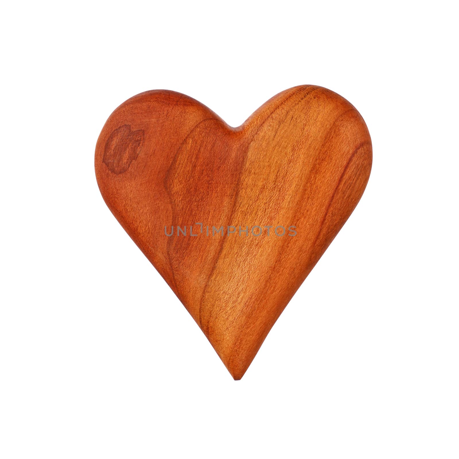 Close up one unpainted natural brown wooden carved heart isolated on white background