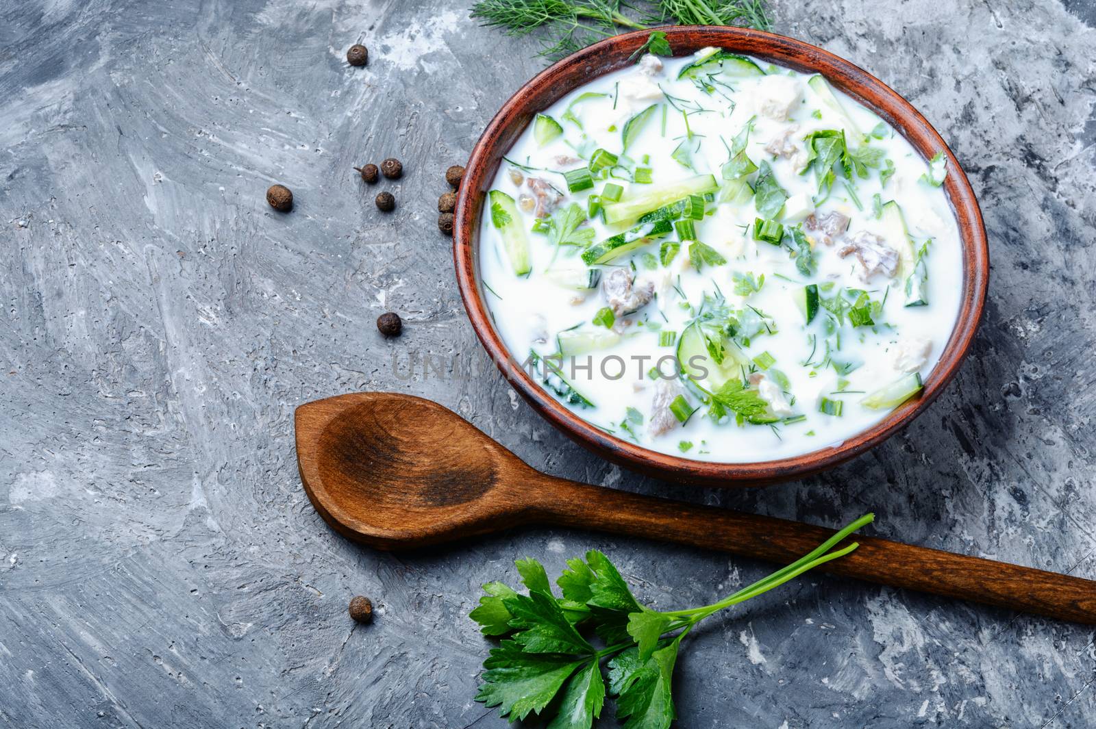 Summer cold soup.Okroshka.Vegetable cold soup.Russian food.Traditional Russian summer cold soup