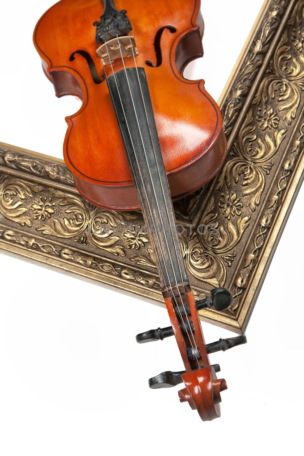 Violin and golden frame on an isolated studio backgound