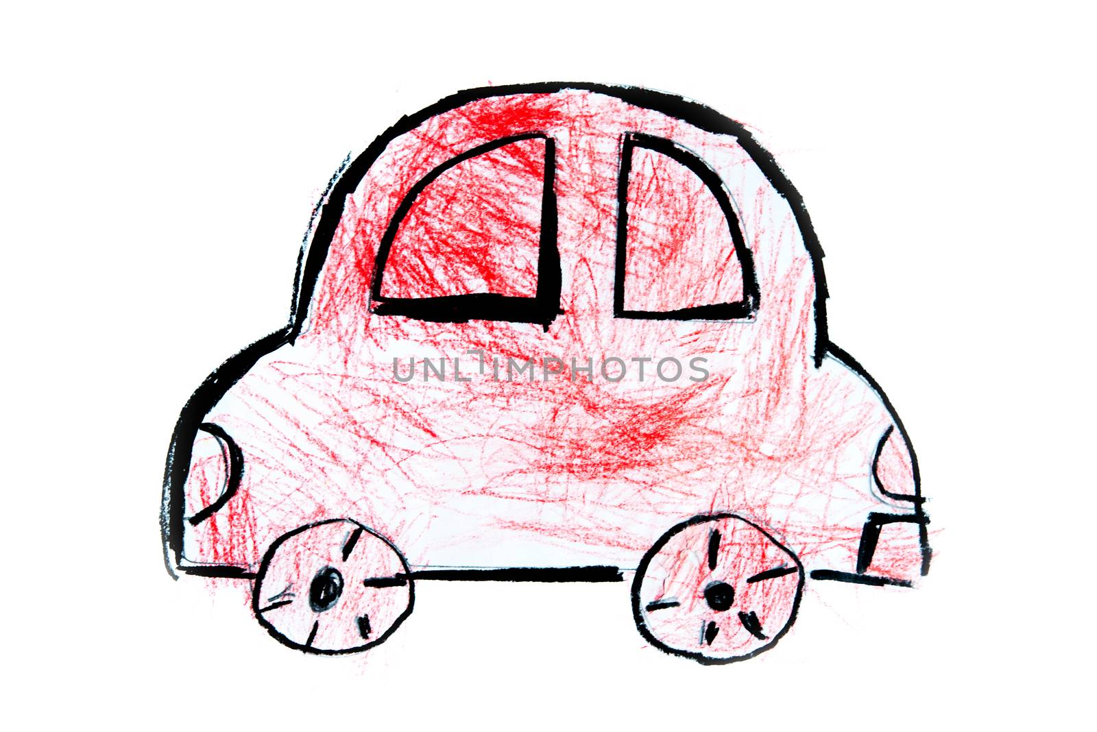 Child artwork, hand drawing car on plain background.
