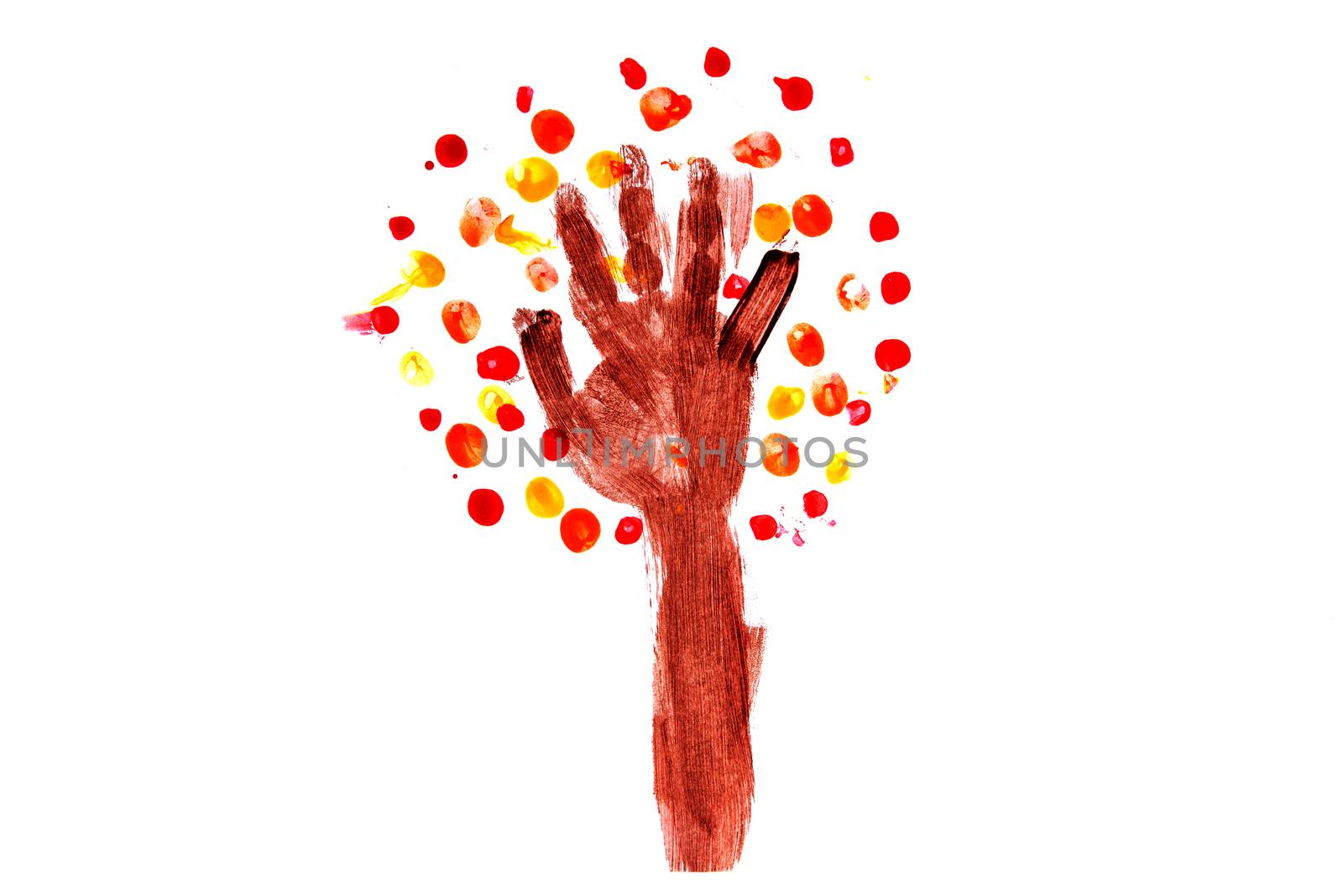 Child artwork, hand printed tree on plain background.