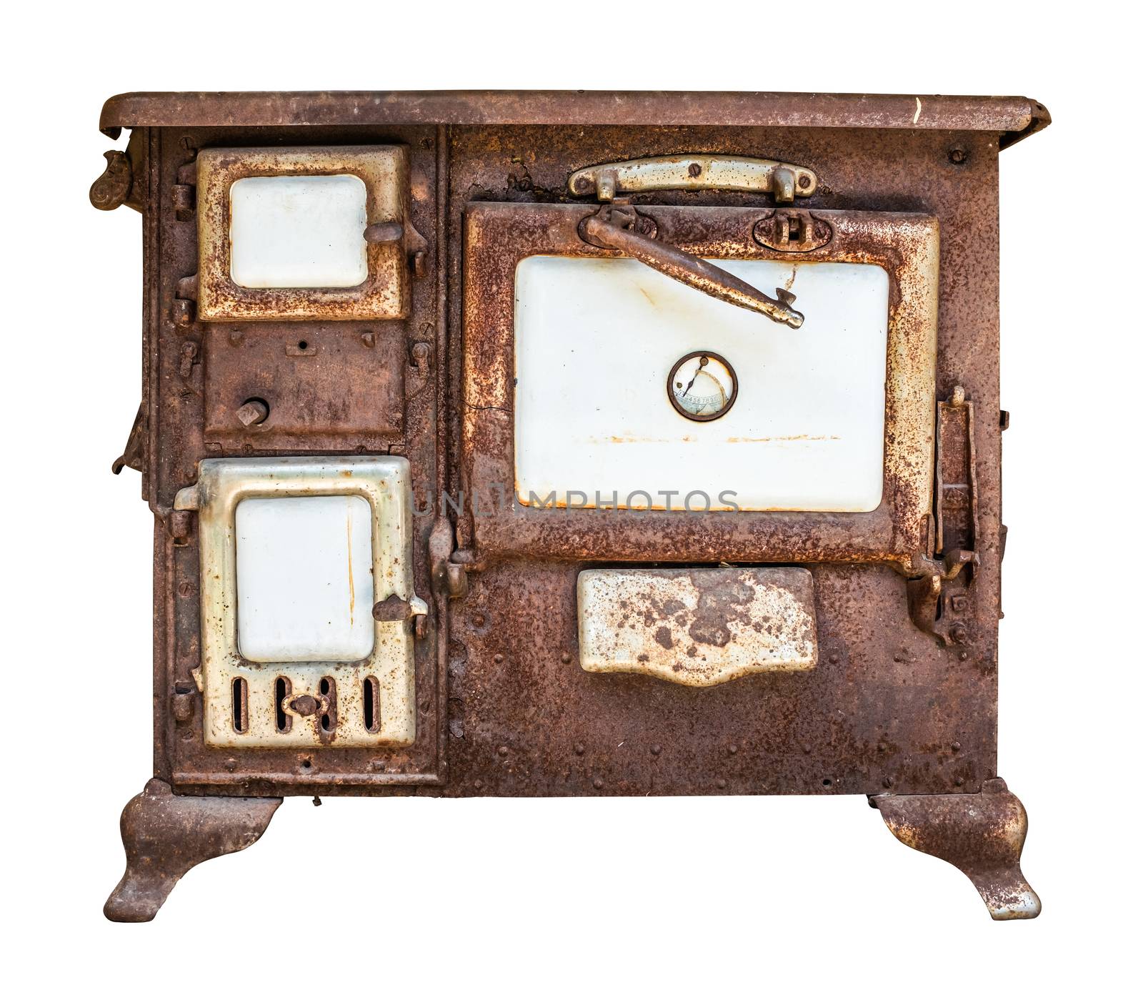 Isolated Rusty Old Farmhouse Stove, Oven Or Range On A White Background