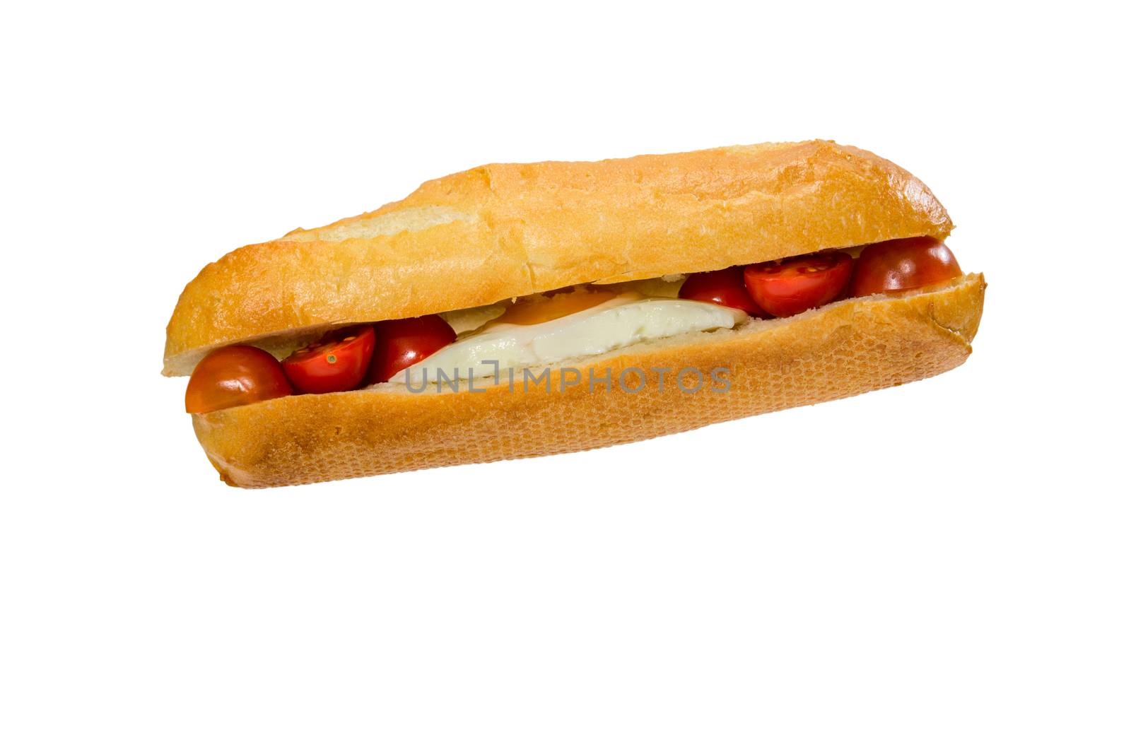 Fresh crispy baguette with fried egg and cherry tomatoes isolated against white background