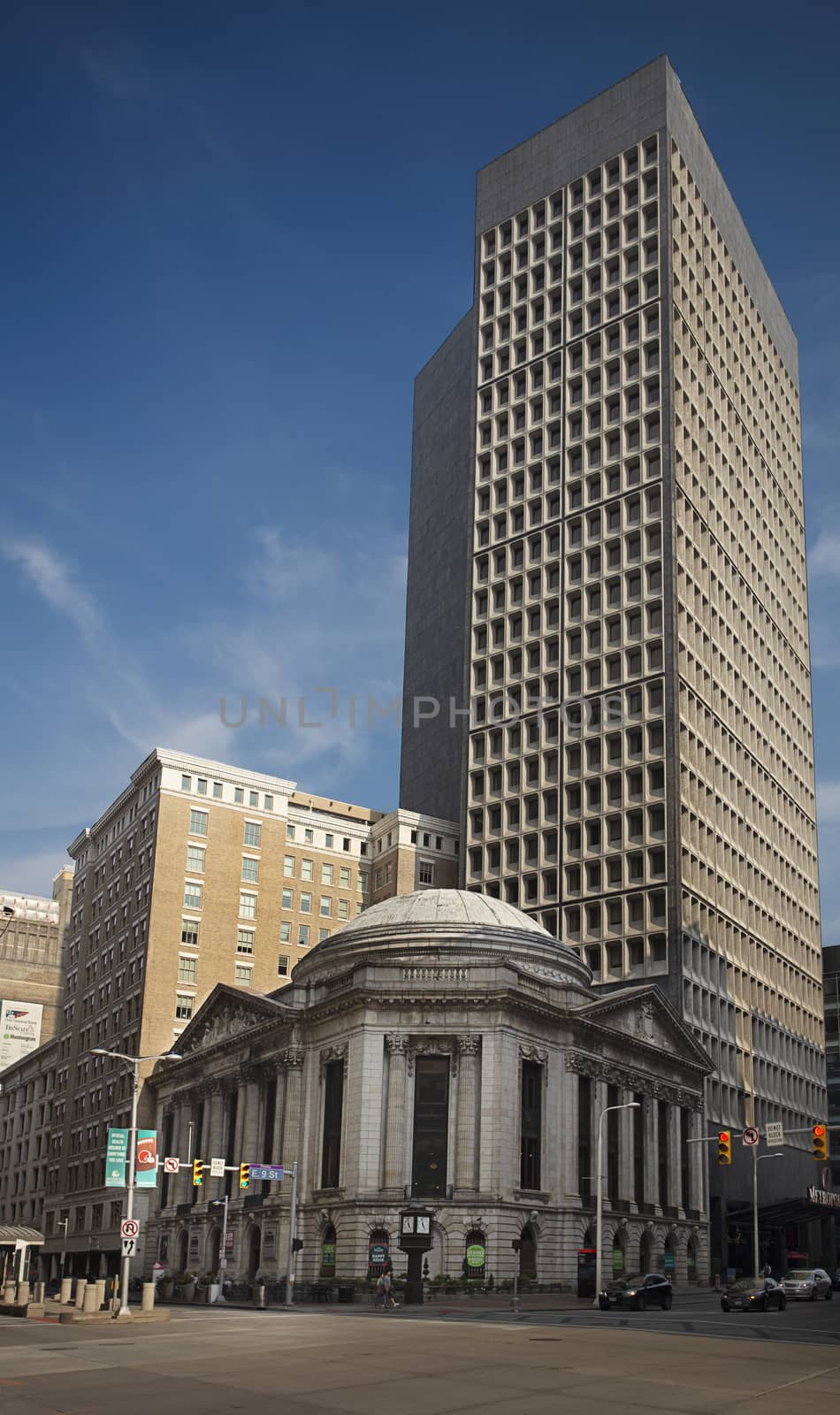 Corner street of downtown Cleveland on a clear day