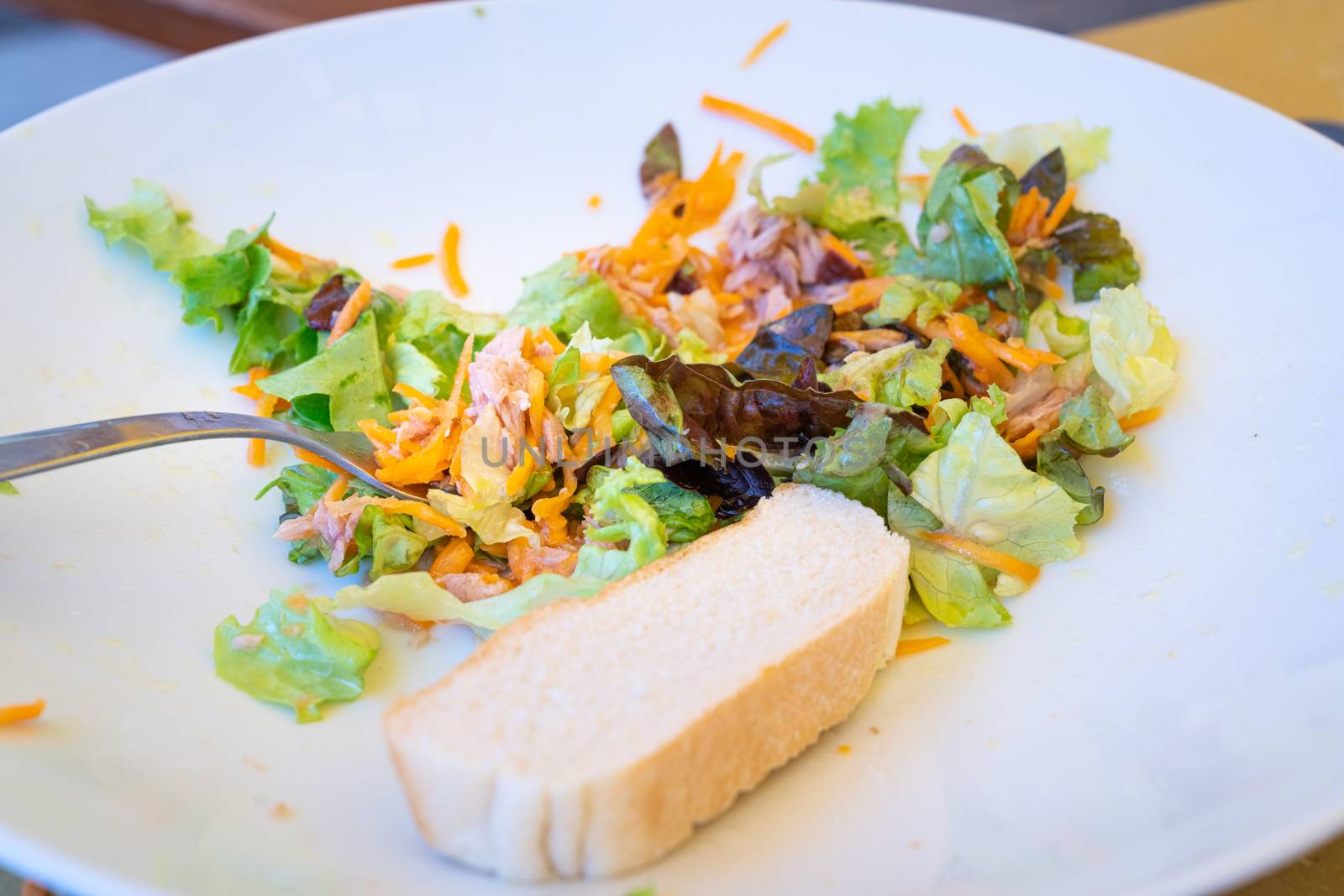 Mixed salad plate with tuna and bread by Robertobinetti70