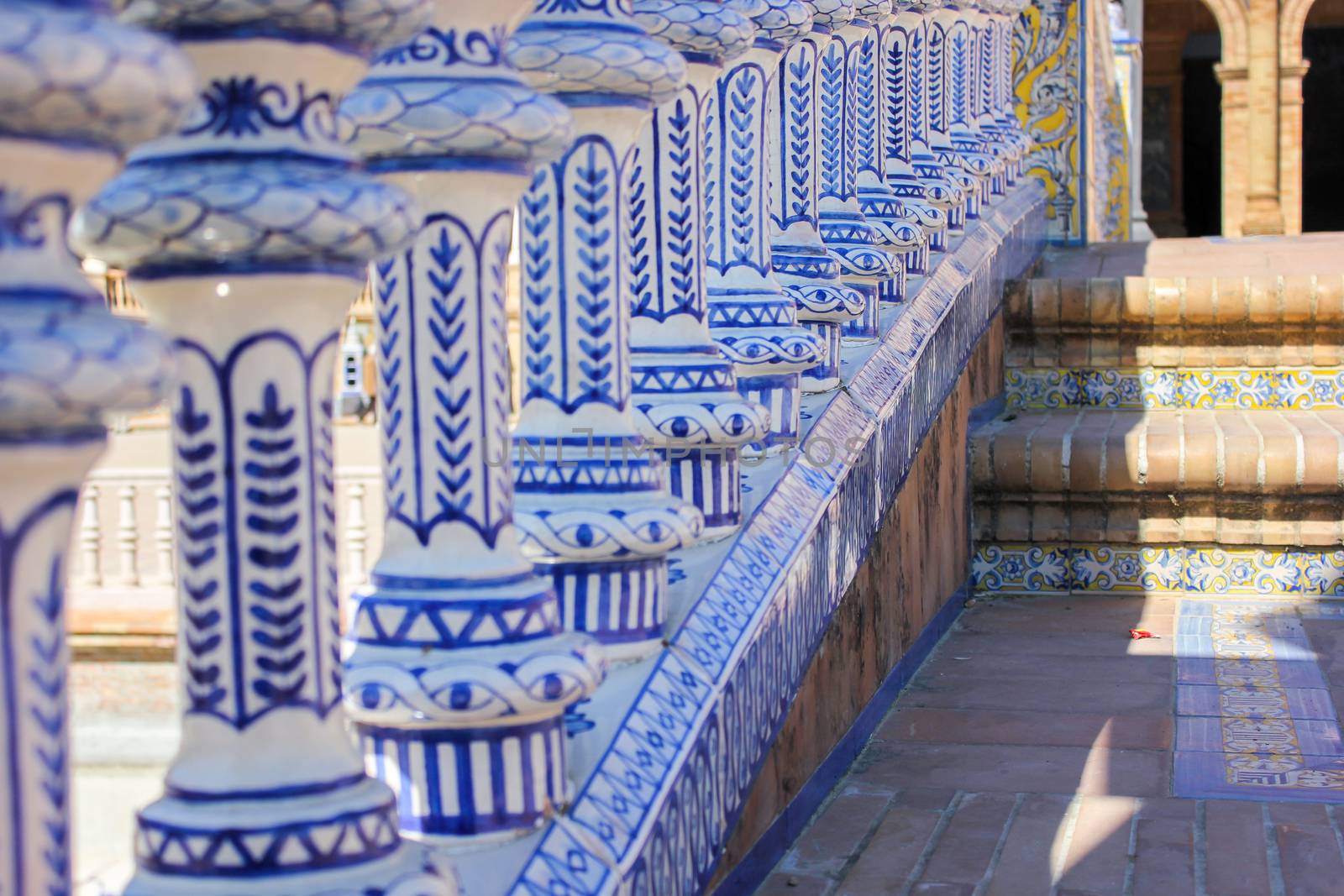 Ceramic decor columns, Plaza de Espana, Seville, Andalusia, Spain