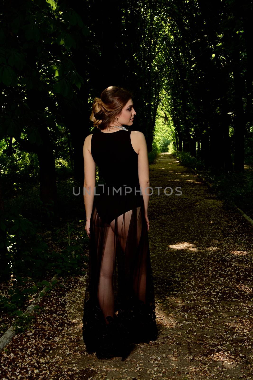 Young attractive woman in the sexy see-through, transparent, transpicuous, diaphanous, clear black dress posing outdoor at the green alley in the old park. Fashion woman. Young woman modern portrait.