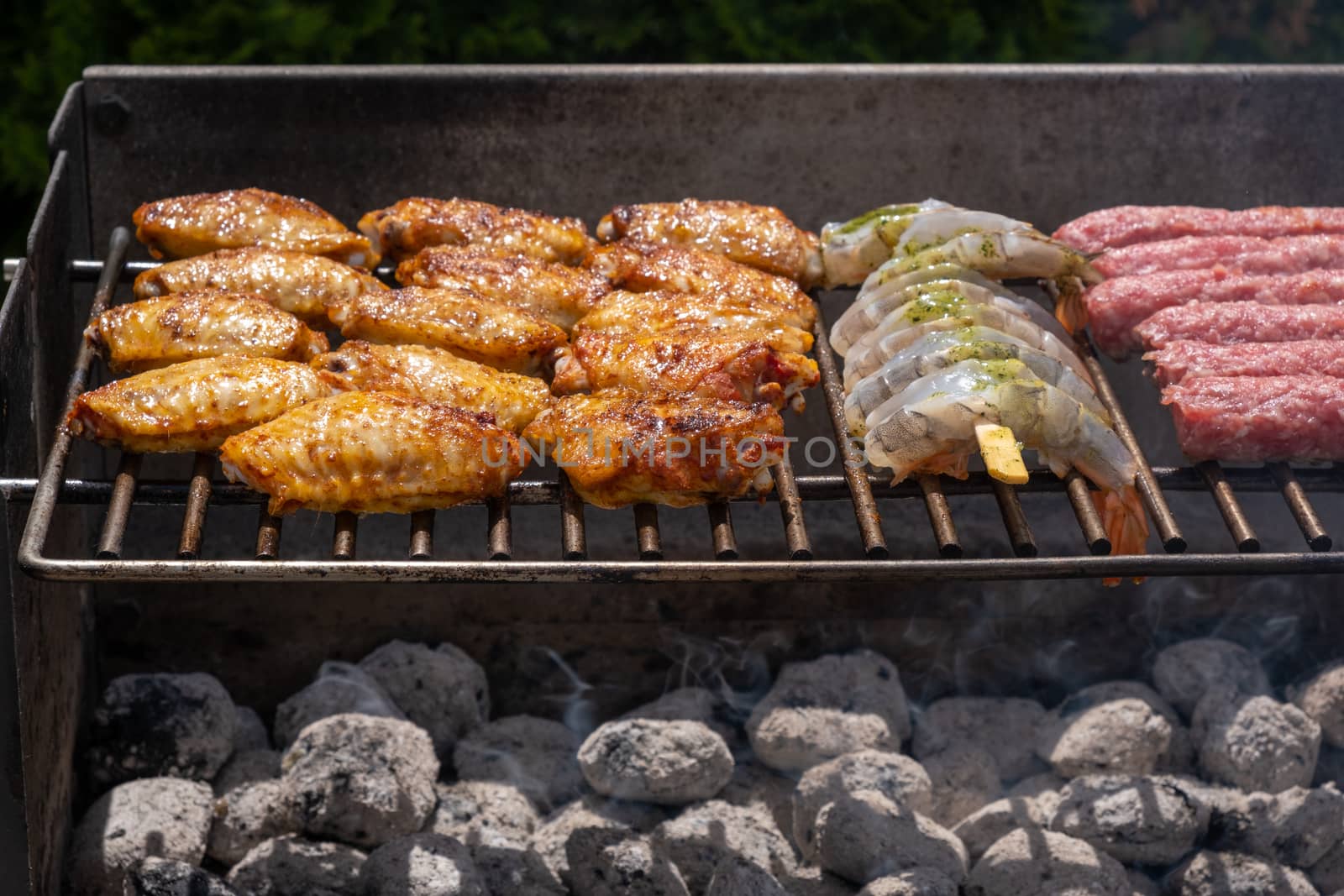 Mixed assortment of marinated meat, chicken, and prawns grilling on hot coals on a BBQ by asafaric