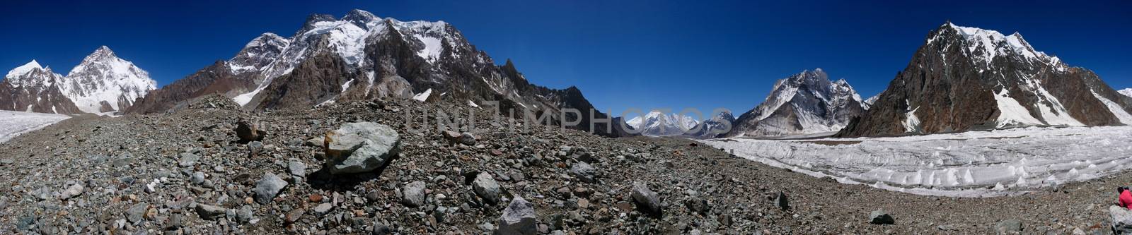 K2 and Karakorum Peaks Panorama at Concordia Pakistan. K2 Broad Peak and Gasherbrum IV towering above Baltoro Glacier.