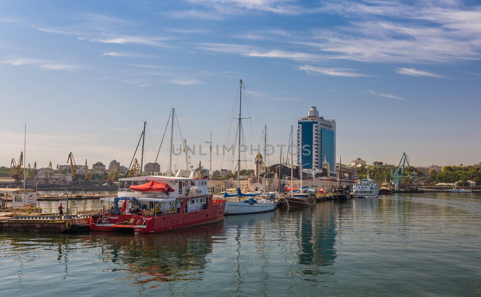 Odessa, Ukraine - 08.28.2018. Yacht club in the port of Odessa, Ukraine. Panoramic view from the sea in a sunny summer day.