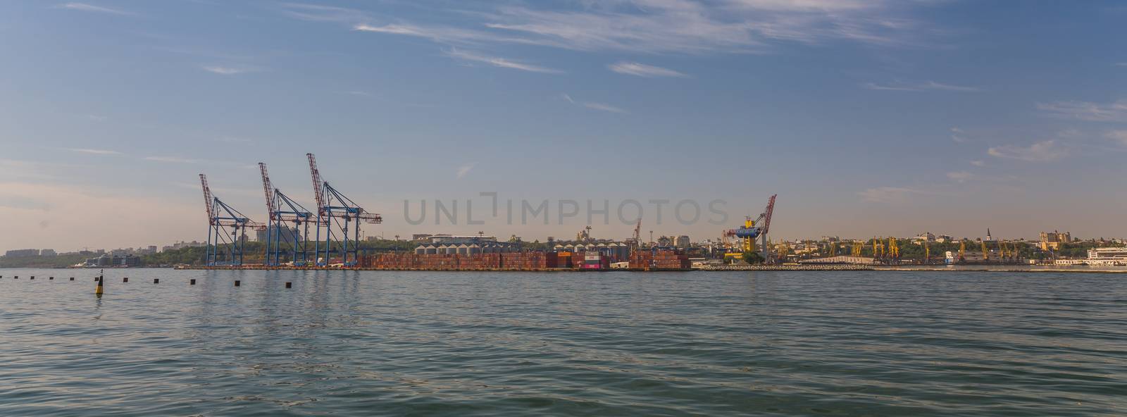 Odessa, Ukraine - 08.28.2018. Panoramic view from the sea of cargo port and container terminal in Odessa, Ukraine
