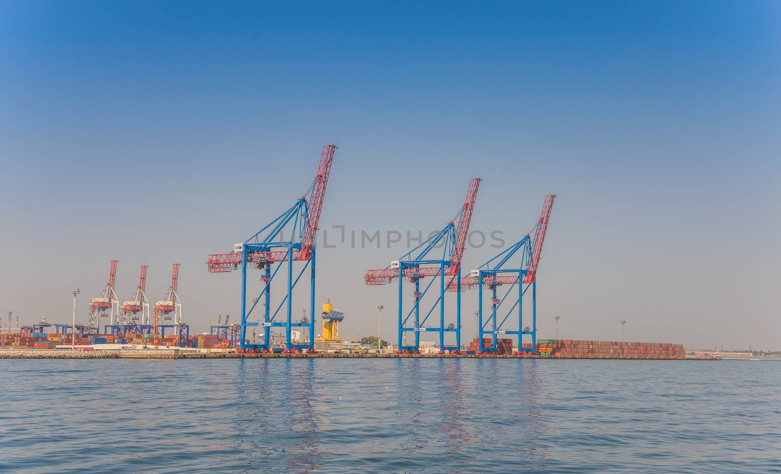 Odessa, Ukraine - 08.28.2018. Panoramic view from the sea of cargo port and container terminal in Odessa, Ukraine