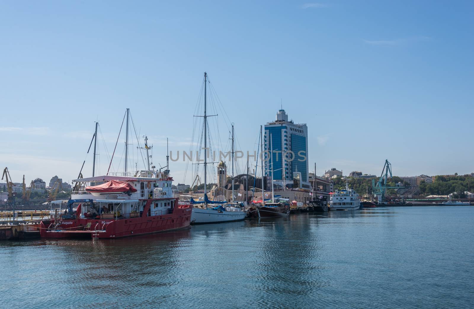 Odessa, Ukraine - 08.28.2018. Yacht club in the port of Odessa, Ukraine. Panoramic view from the sea in a sunny summer day.