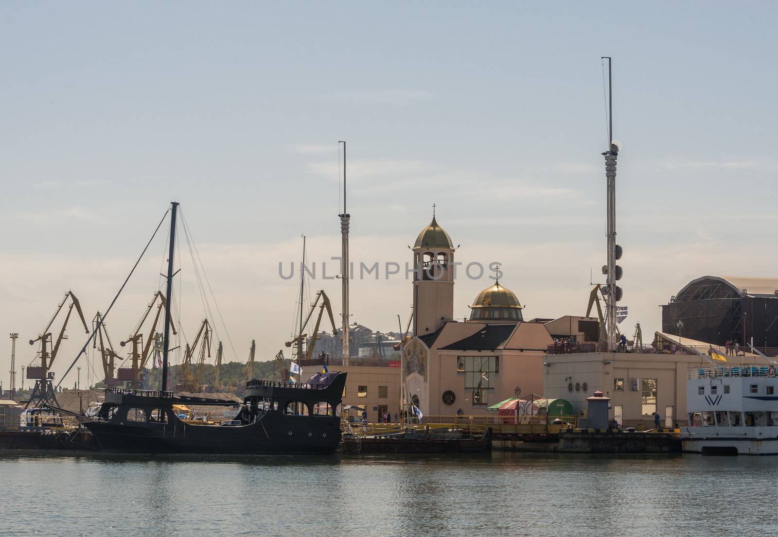 Odessa, Ukraine - 08.28.2018. Yacht club in the port of Odessa, Ukraine. Panoramic view from the sea in a sunny summer day.