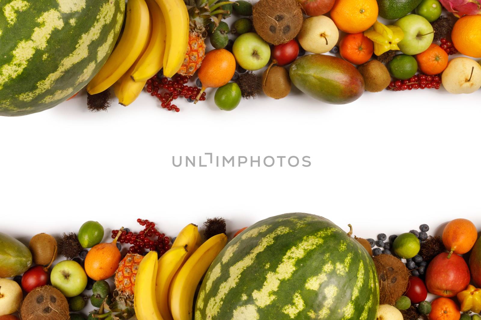 Border frame of many exotic tropical fruits with copy space for text studio isolated on white background