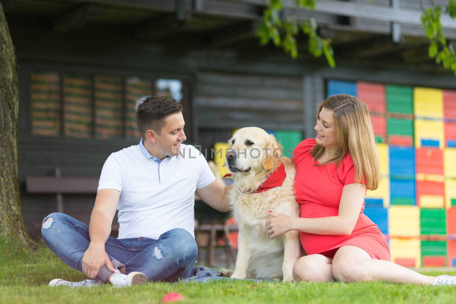 A Young couple expecting baby with their Golden retriever dog by kasto