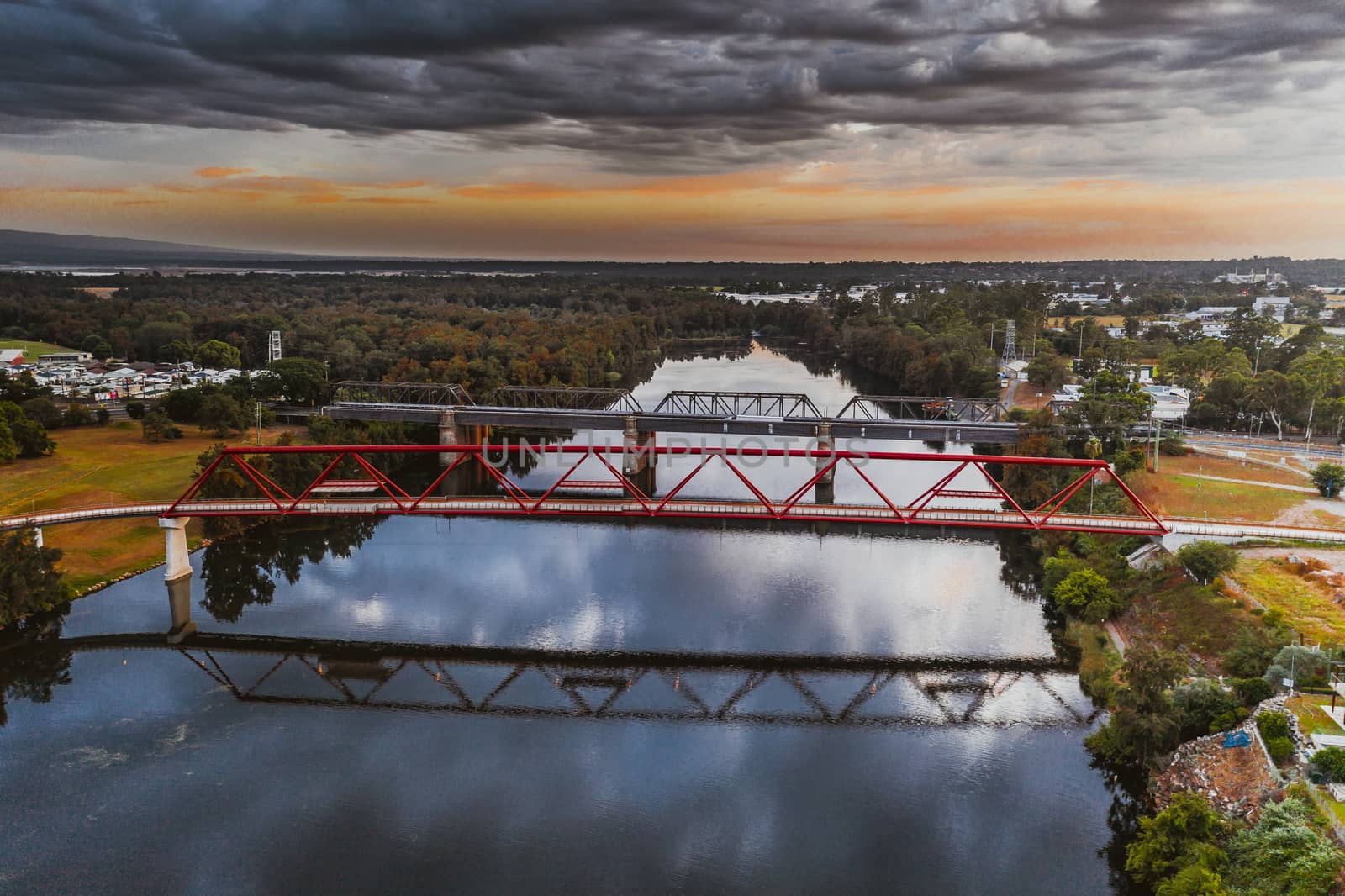 Bridges over Nepean River Penrith, the first opened recently is a pedestrian walkway and cycleway, the second is a historic steel girder bridge used for traffic