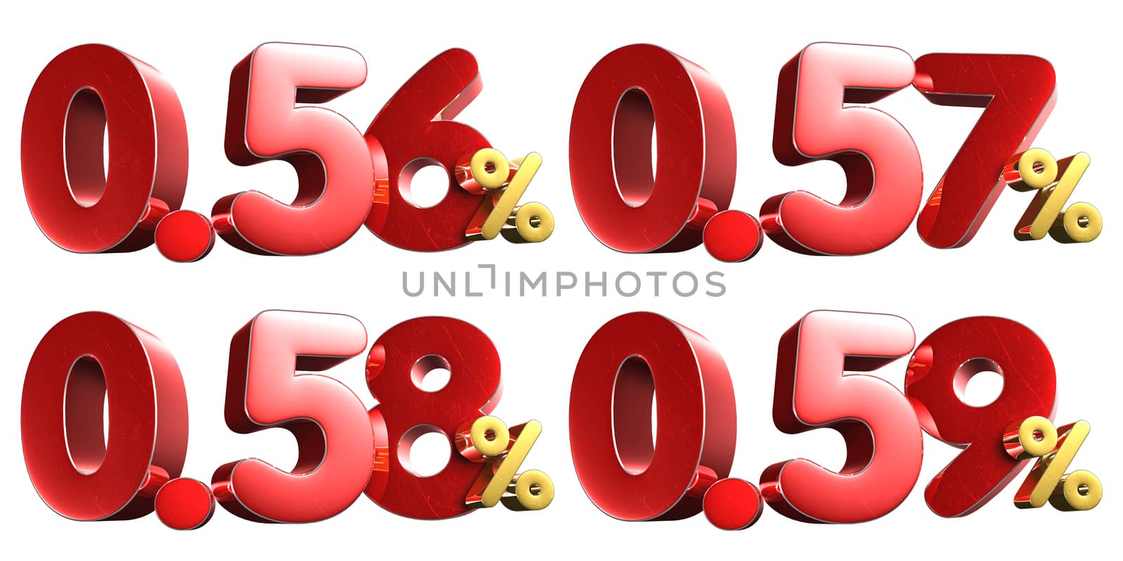 0.56,0.57,0.58,0.59 percent numbers 3D rendering on white background.Small size, about 8x19 cm.(with Clipping Path).