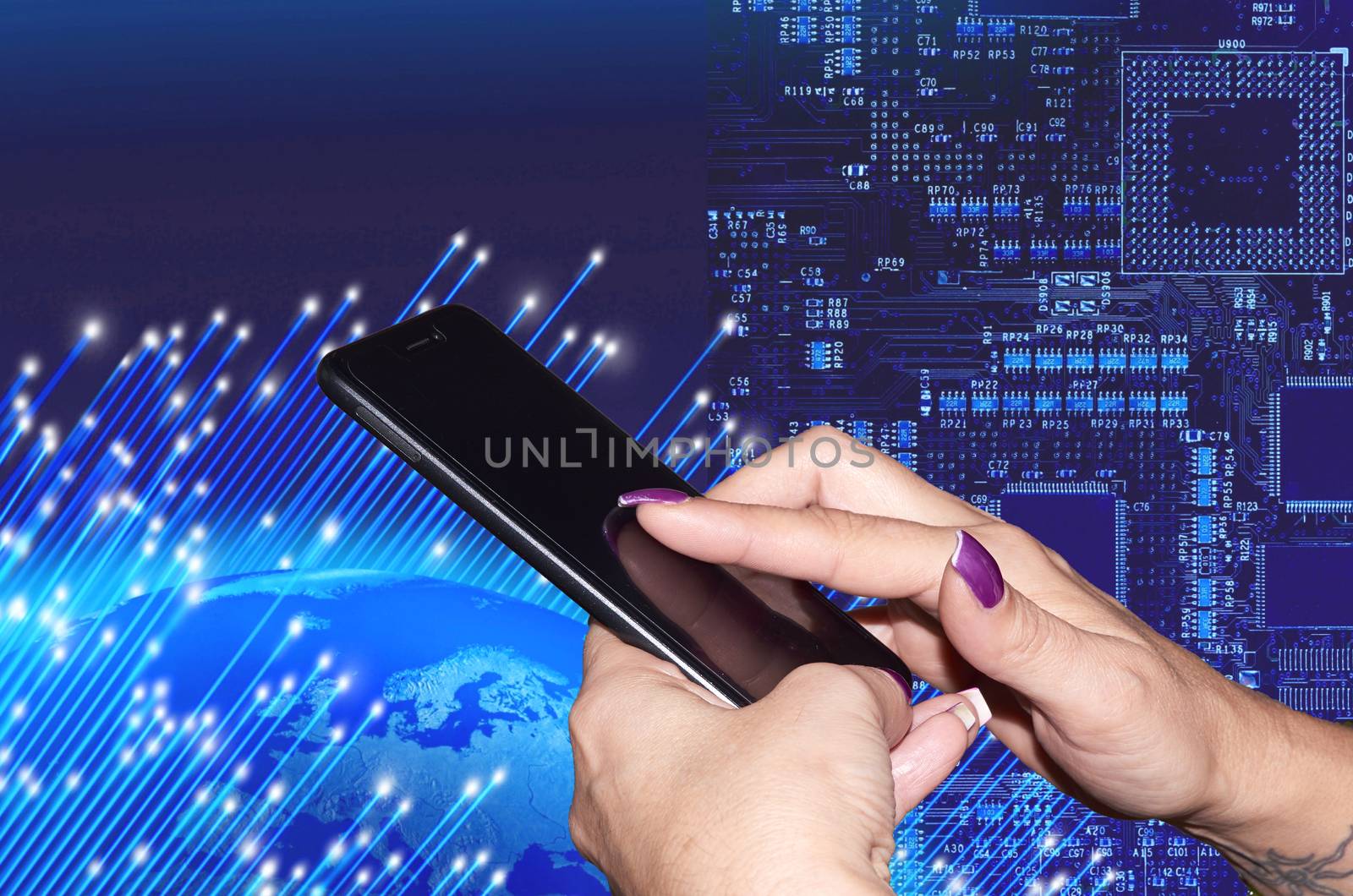 Woman's hands holding a mobile phone world background and circuits