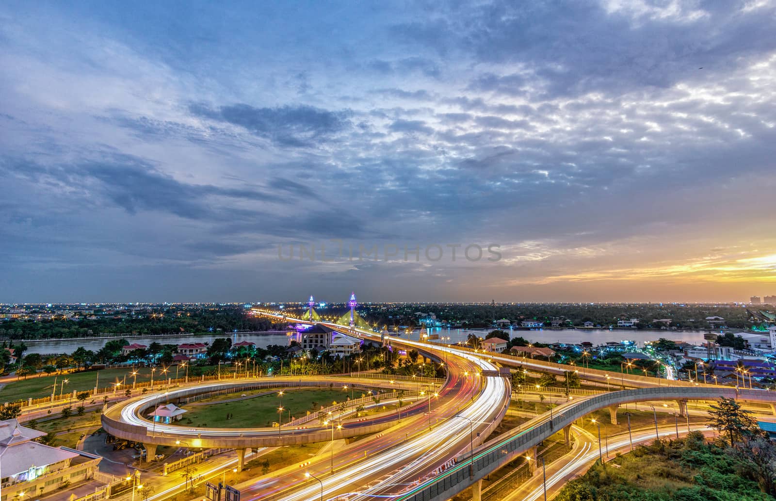 The opening of the light to decorate the bridge across the Chao Phraya River in Thailand, LED lighted bridge, traffic on the bridge over the river