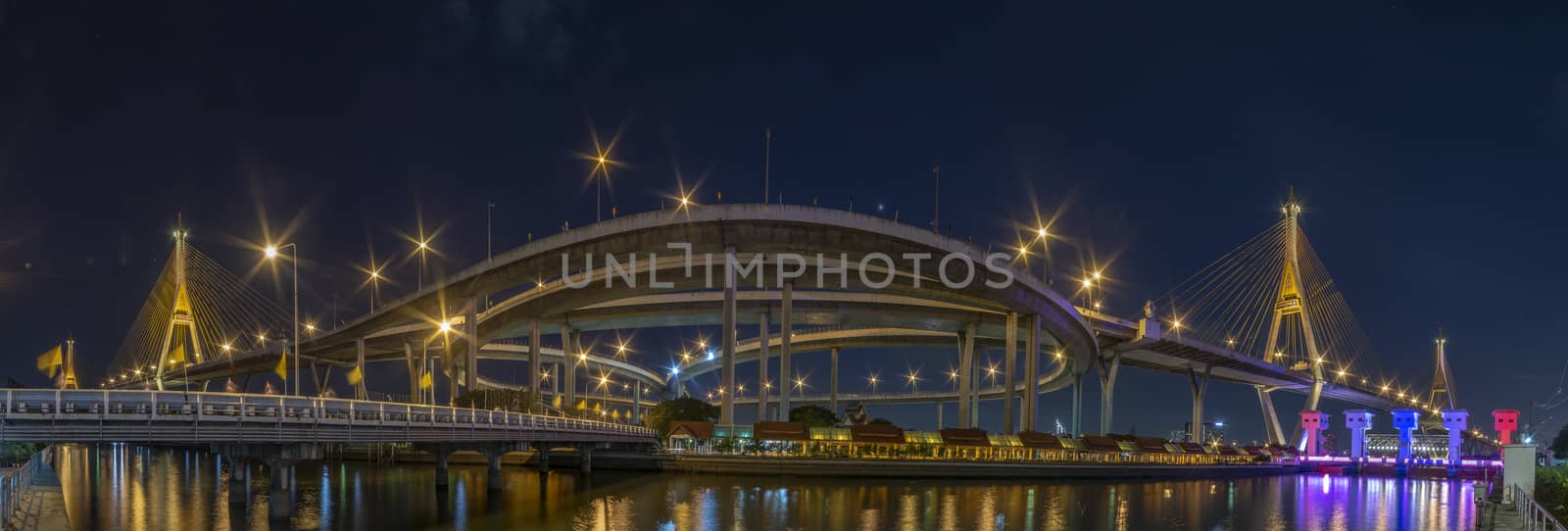 Bhumibol Bridge, Chao Phraya River Bridge. Turn on the lights in many colors at night.