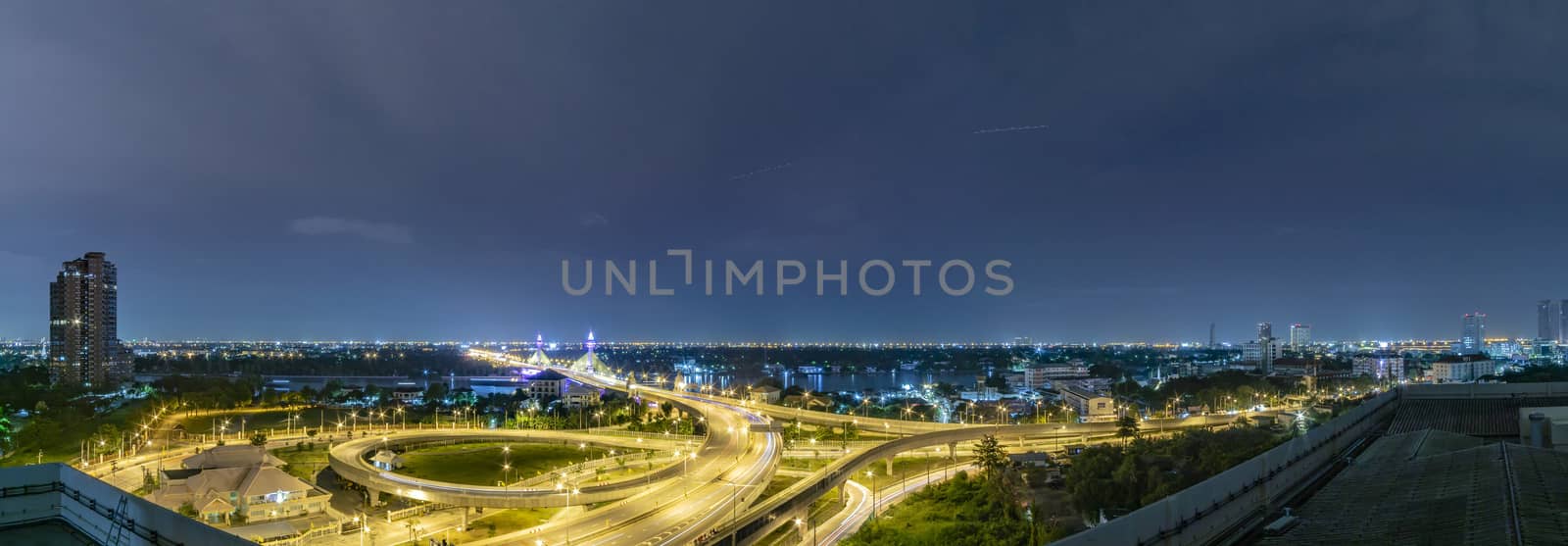 Panorama traffic on the bridge,Bridge over the Chao Phraya River at night