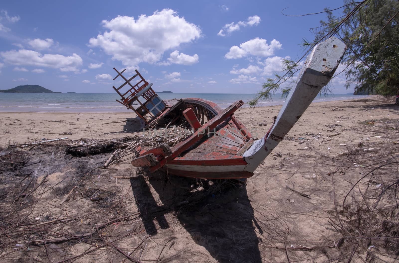 Storm damage. Fishing boat are damaged. Boat collapsed.