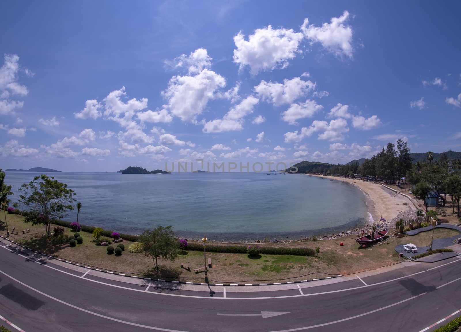 Roads, rocks, beaches and emerald sea at Sairee Beach, Chumphon Province