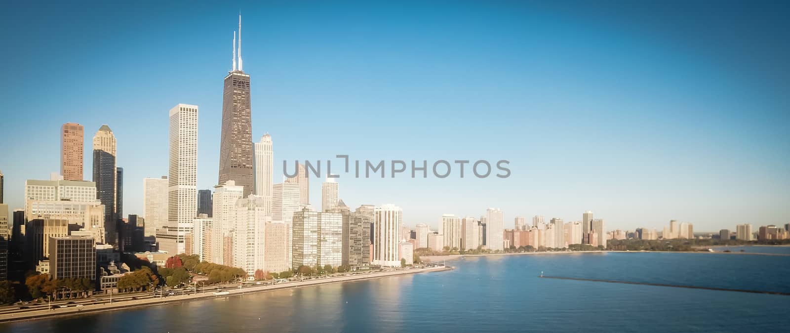 Panoramic top view Chicago skyscrapers from Michigan lake with morning autumn light by trongnguyen