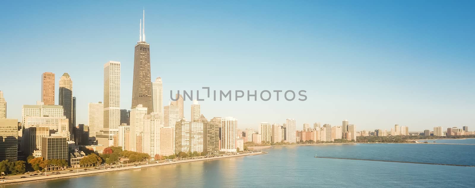 Panoramic top view Chicago skyscrapers from Michigan lake with morning autumn light by trongnguyen