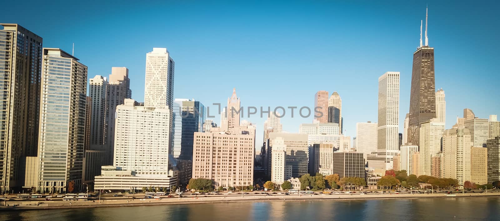 Panoramic top view Chicago skyscrapers from Michigan lake with morning autumn light by trongnguyen