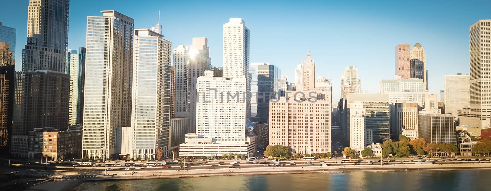 Panoramic top view Chicago skyscrapers from Michigan lake with morning autumn light by trongnguyen