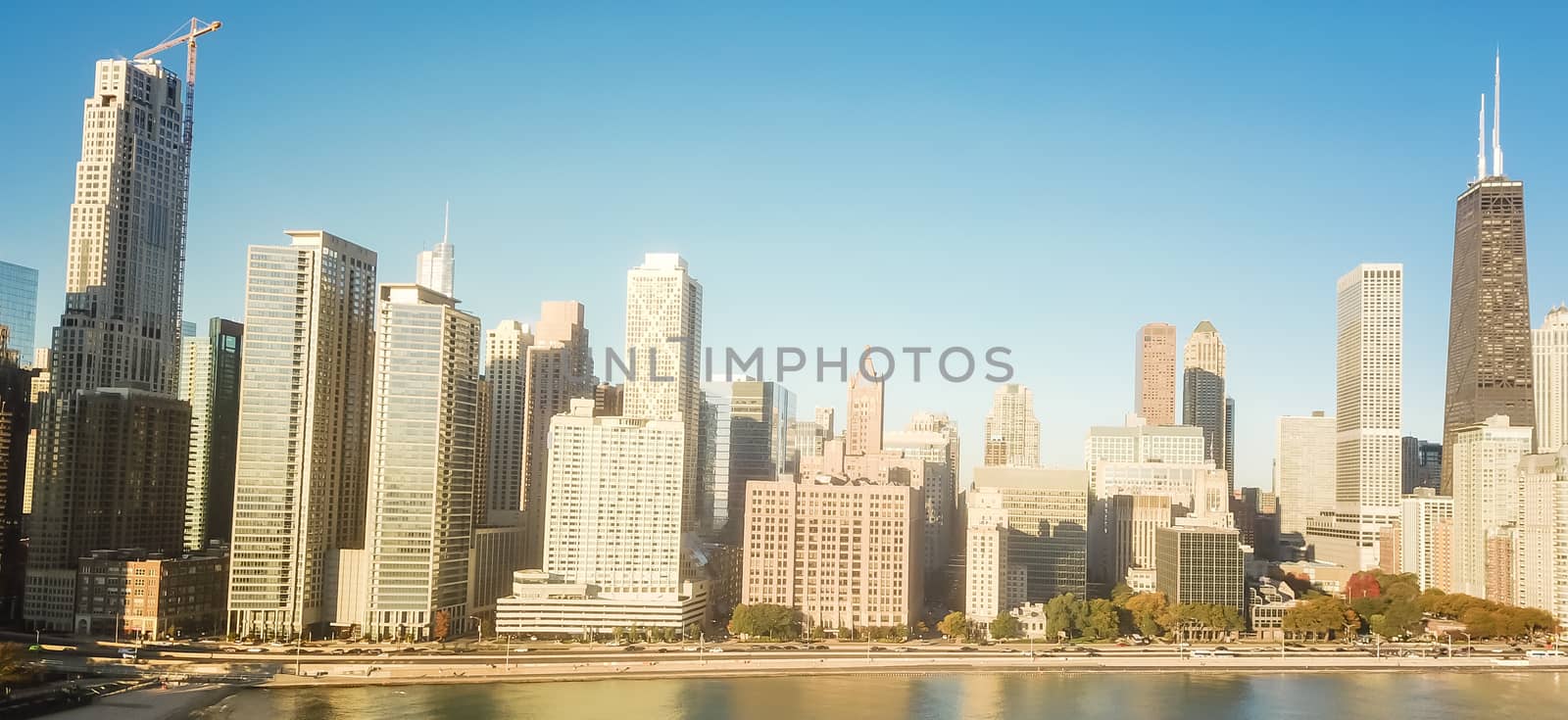 Panorama aerial view lakefront Chicago skylines along Lake Shore Drive in early fall morning