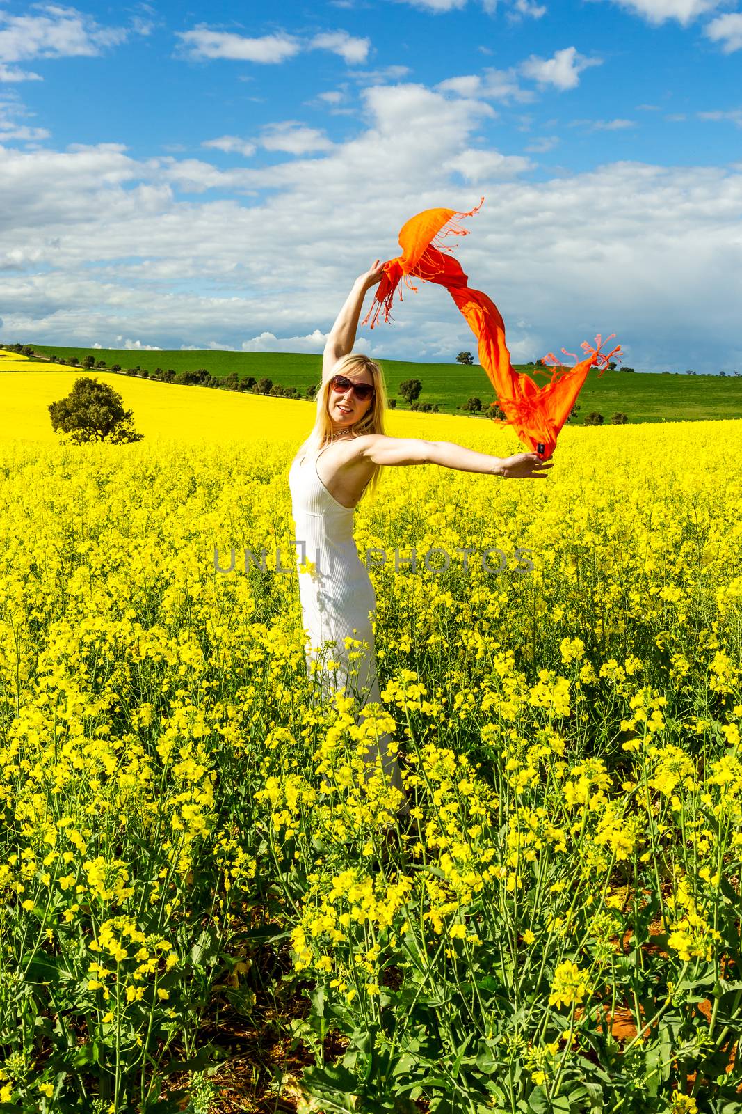 Woman in fields of golden canola by lovleah