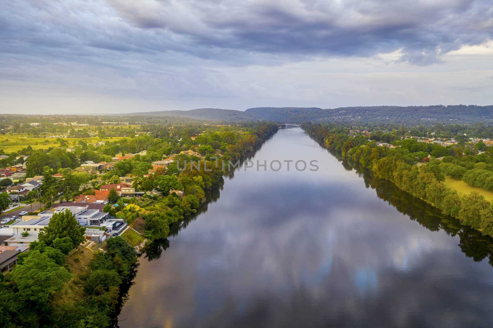 River valley views south to the mountain gorge.  Nepean River, Australia