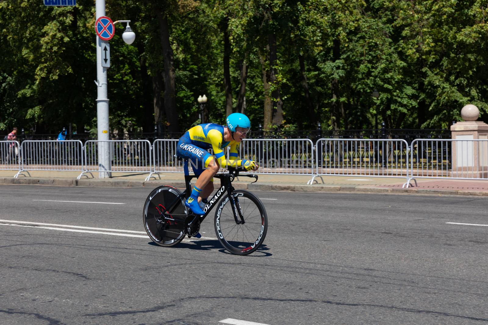 MINSK, BELARUS - JUNE 25, 2019: Cyclist from Ukraine on Colnago bike participates in Men Split Start Individual Race at the 2nd European Games event June 25, 2019 in Minsk, Belarus