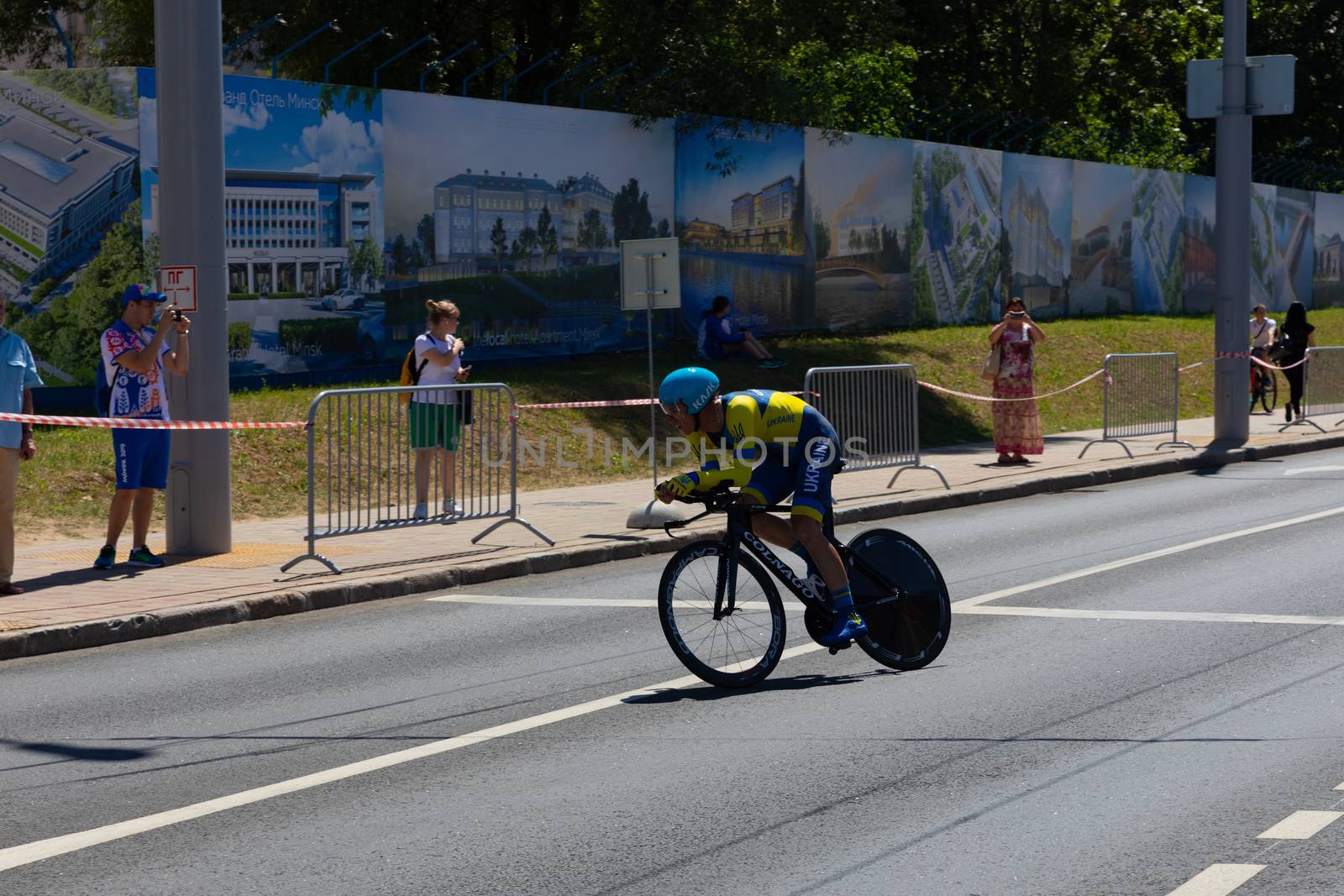 MINSK, BELARUS - JUNE 25, 2019: Cyclist from Ukraine participates in Men Split Start Individual Race at the 2nd European Games event June 25, 2019 in Minsk, Belarus