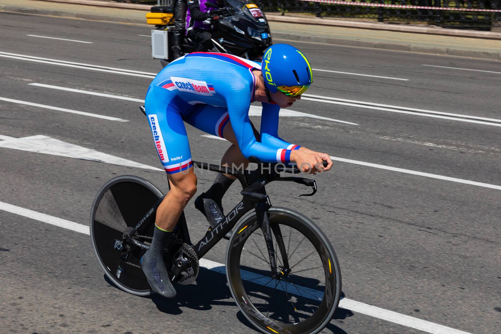 MINSK, BELARUS - JUNE 25, 2019: Cyclist from Czech Republic on Author bike participates in Men Split Start Individual Race at the 2nd European Games event June 25, 2019 in Minsk, Belarus