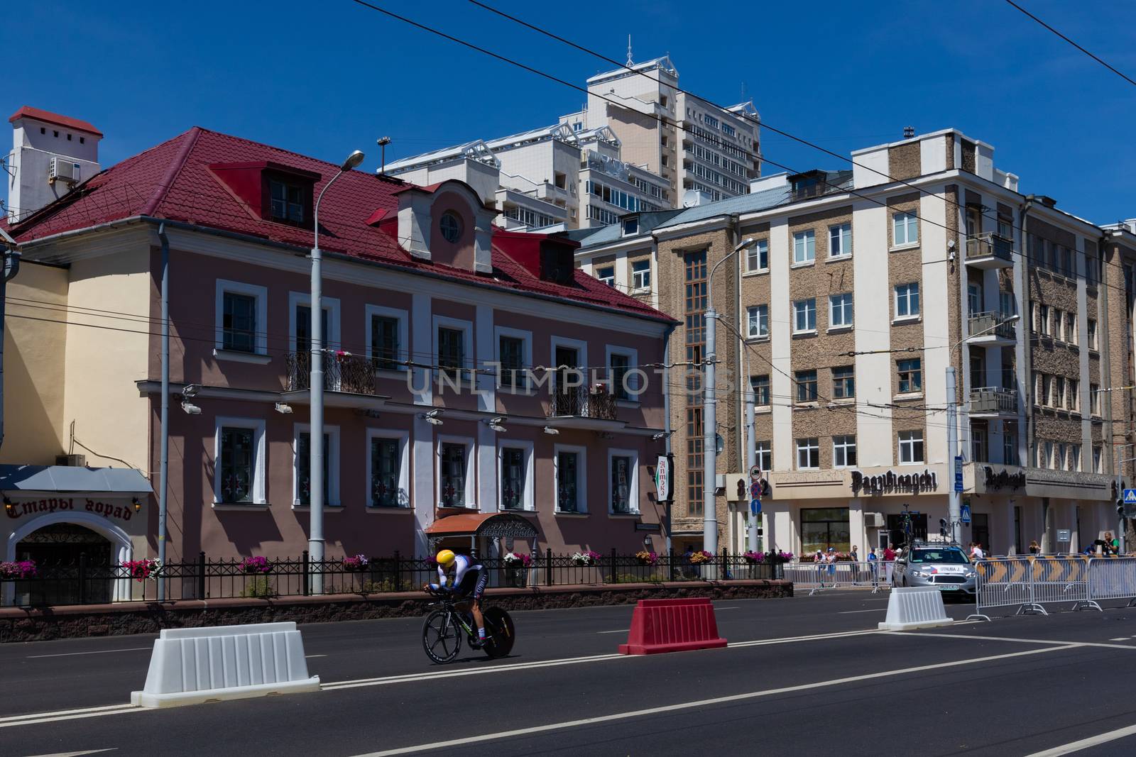 MINSK, BELARUS - JUNE 25, 2019: Cyclist from Slovakia on Merida Warp TT bike participates in Men Split Start Individual Race at the 2nd European Games event June 25, 2019 in Minsk, Belarus