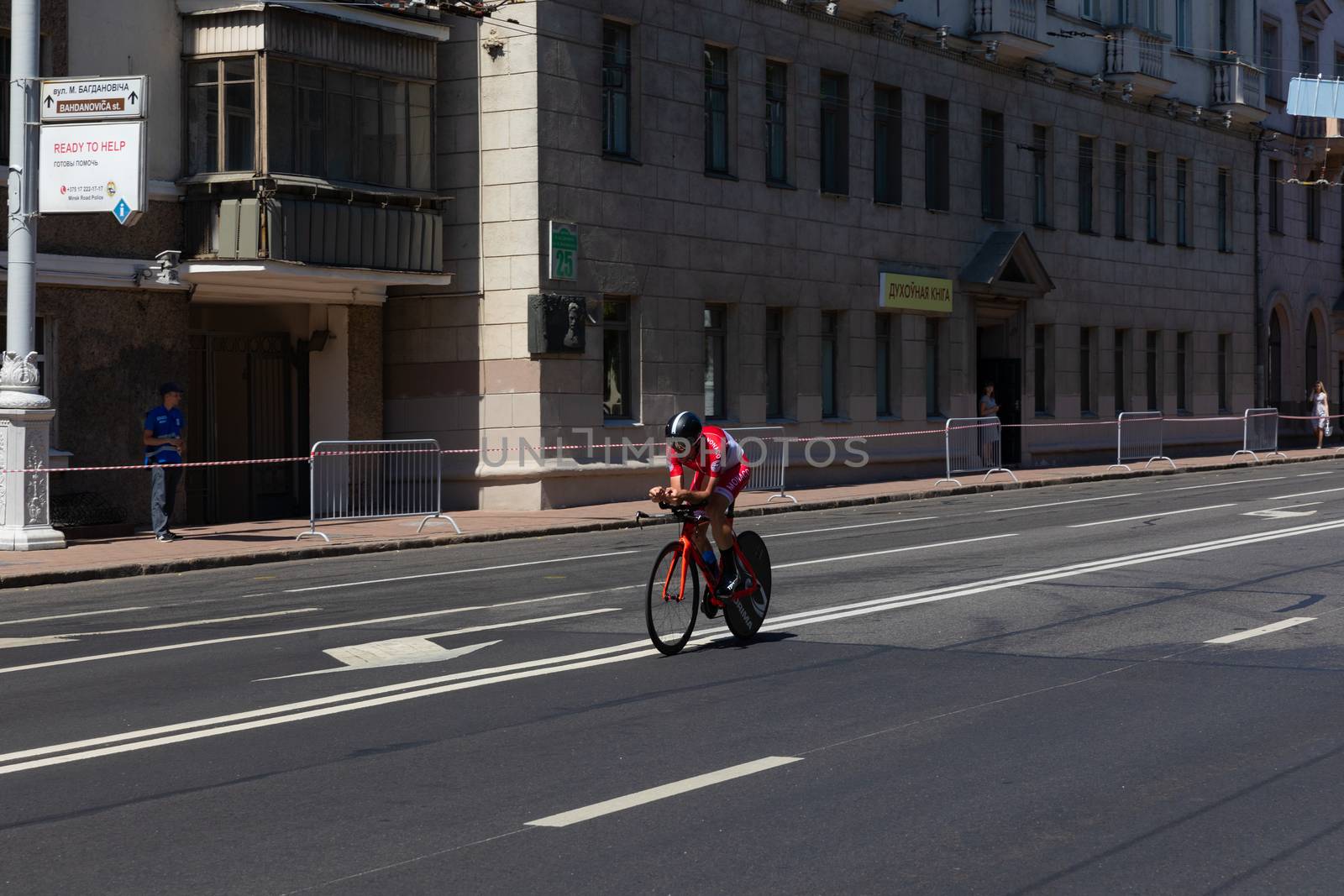 MINSK, BELARUS - JUNE 25, 2019: Cyclist from Monaco participates in Men Split Start Individual Race at the 2nd European Games event June 25, 2019 in Minsk, Belarus