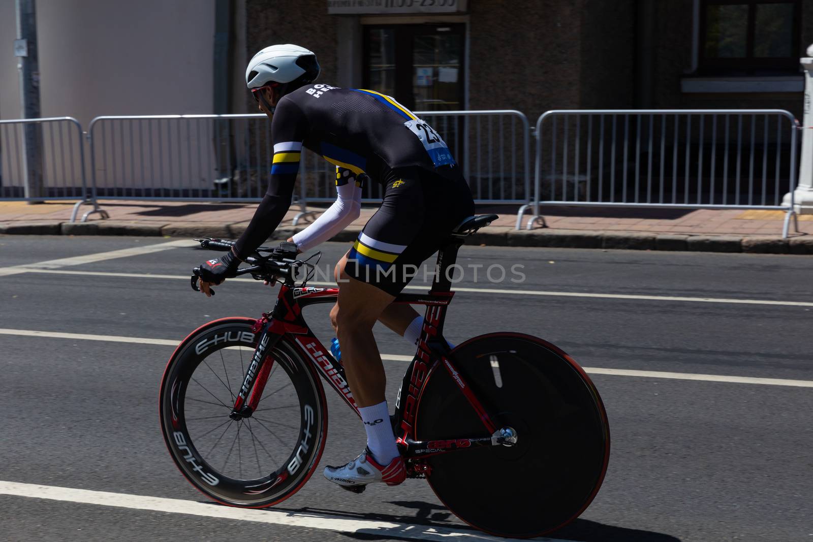 MINSK, BELARUS - JUNE 25, 2019: Cyclist on Haibike participates in Men Split Start Individual Race at the 2nd European Games event June 25, 2019 in Minsk, Belarus