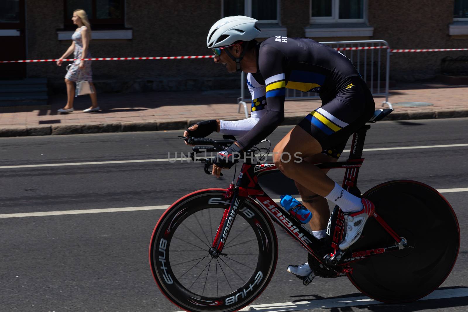 MINSK, BELARUS - JUNE 25, 2019: Cyclist on Haibike participates in Men Split Start Individual Race at the 2nd European Games event June 25, 2019 in Minsk, Belarus