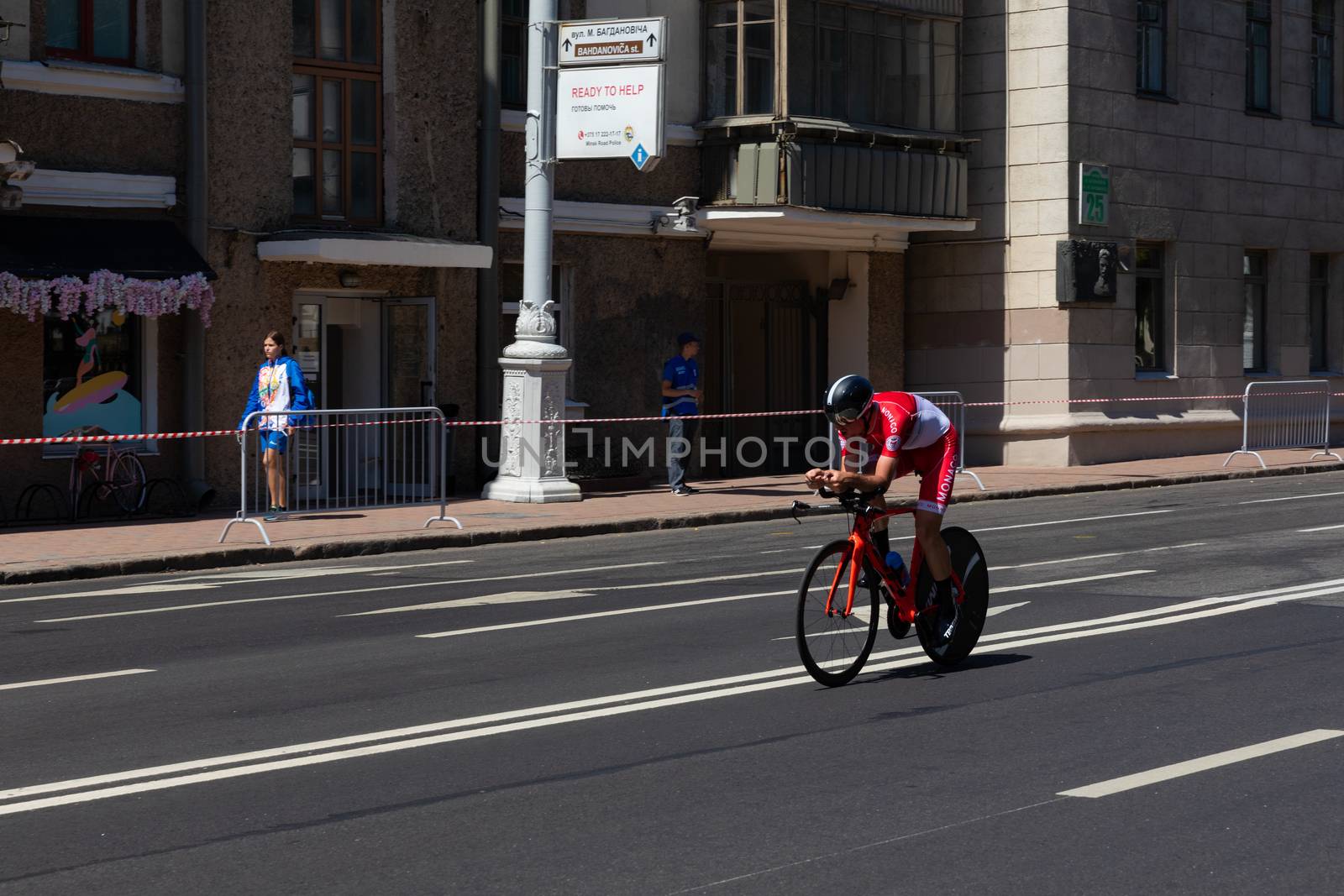 MINSK, BELARUS - JUNE 25, 2019: Cyclist from Monaco participates in Men Split Start Individual Race at the 2nd European Games event June 25, 2019 in Minsk, Belarus