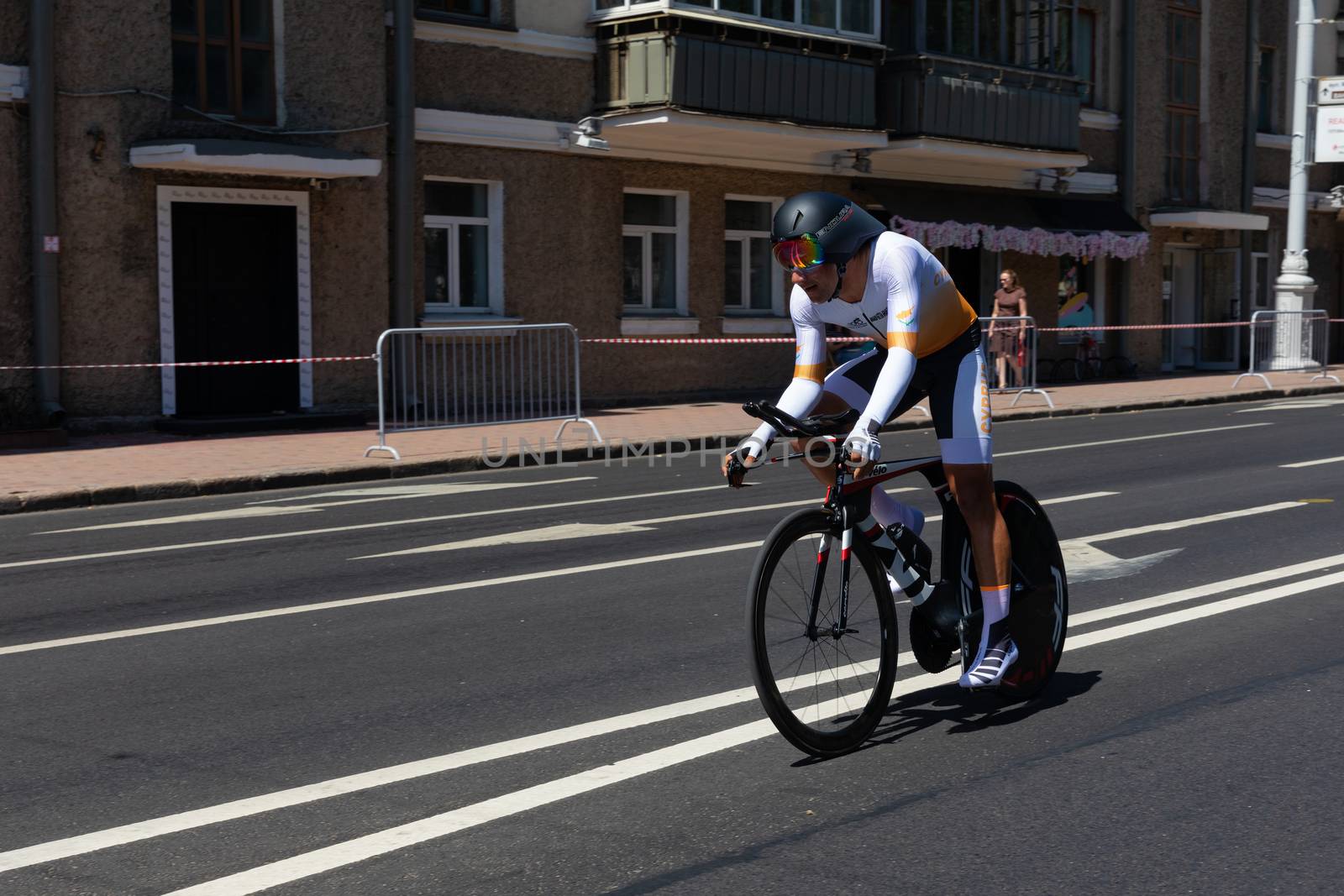 MINSK, BELARUS - JUNE 25, 2019: Cyclist from Cyprus participates in Men Split Start Individual Race at the 2nd European Games event June 25, 2019 in Minsk, Belarus