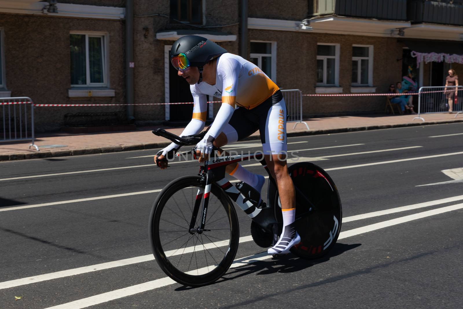 MINSK, BELARUS - JUNE 25, 2019: Cyclist from Cyprus participates in Men Split Start Individual Race at the 2nd European Games event June 25, 2019 in Minsk, Belarus