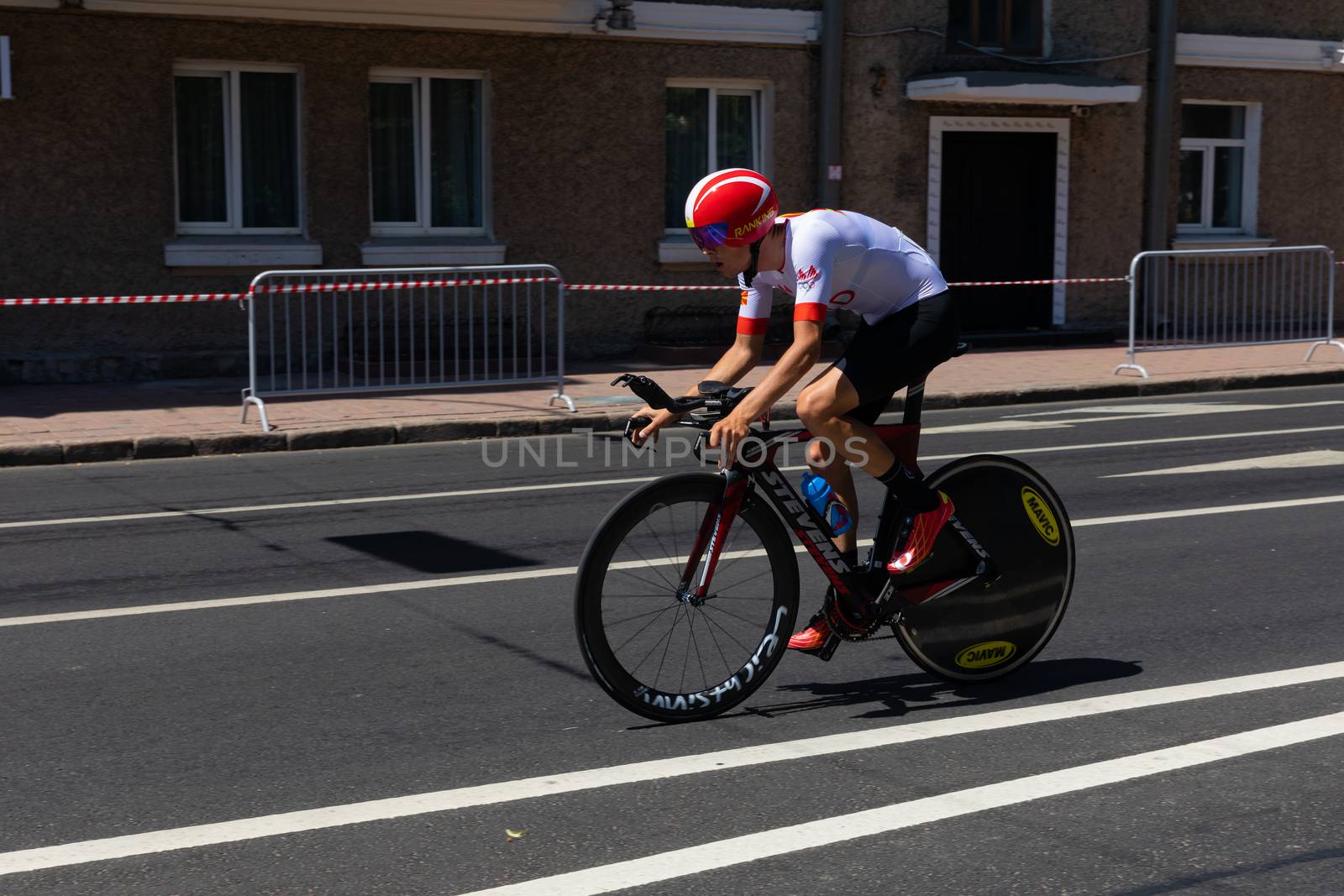 MINSK, BELARUS - JUNE 25, 2019: Cyclist Petrovski participates in Men Split Start Individual Race at the 2nd European Games event June 25, 2019 in Minsk, Belarus