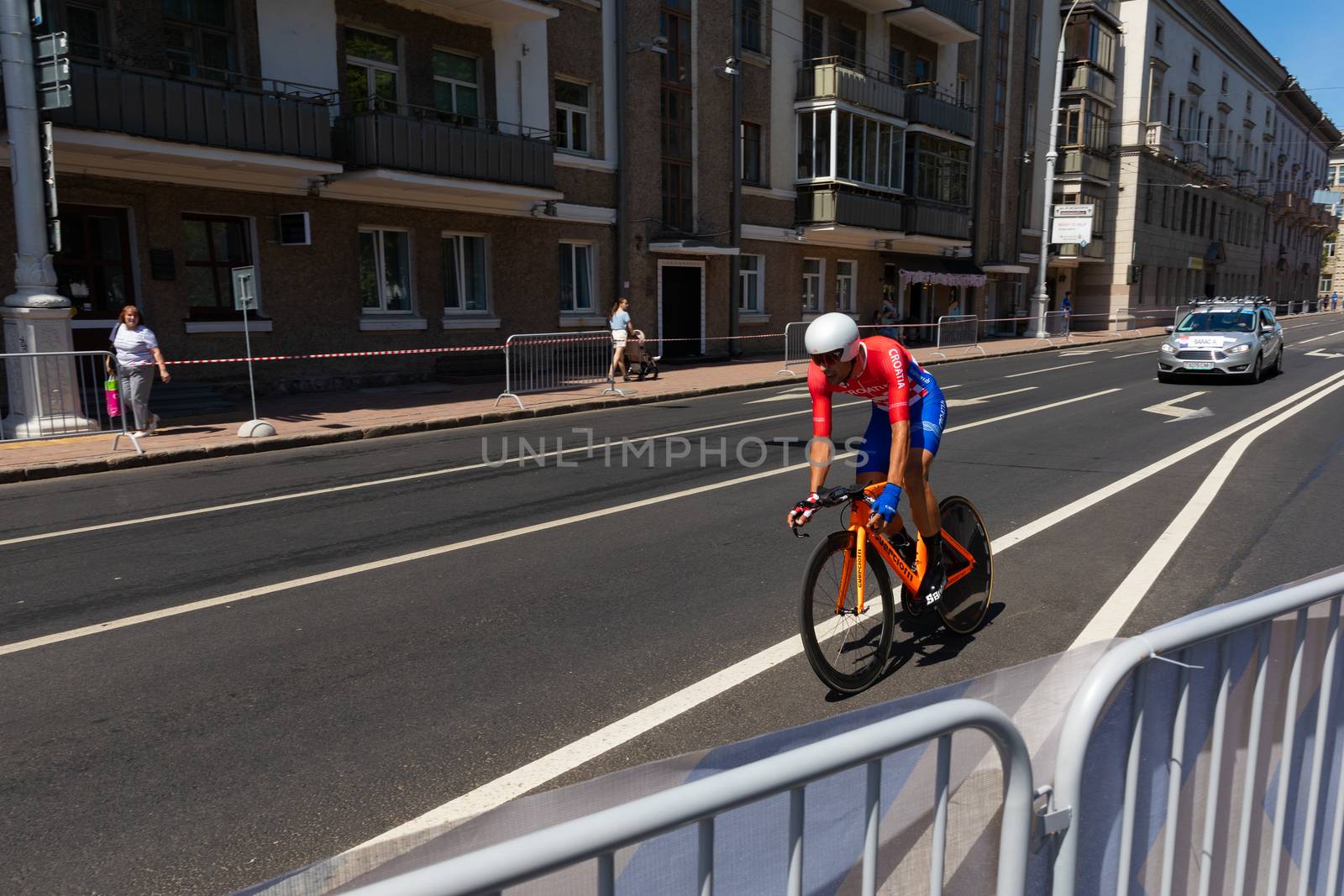 MINSK, BELARUS - JUNE 25, 2019: Cyclist from Croatia Barac participates in Men Split Start Individual Race at the 2nd European Games event June 25, 2019 in Minsk, Belarus